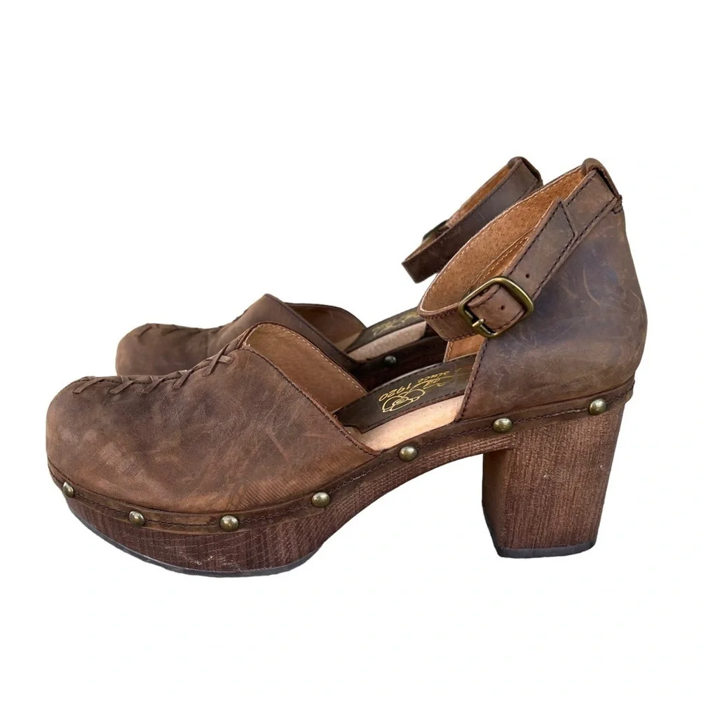 Sbicca Donerail Leather Studded Platform Clog Sandal Brown Size 10 Ankle Strap